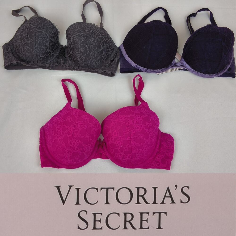 Victoria's Secret Lot of 3 Bras Size 34D Gray/Pink/Purple Lace Demi Lined #W5462